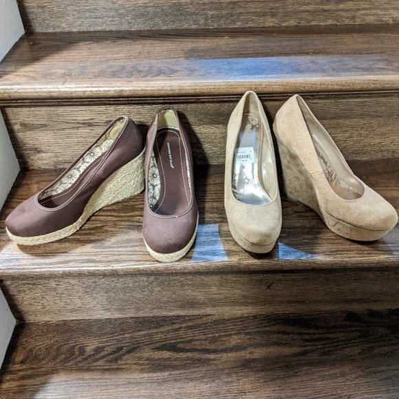 Brand New Montego Bay brown Wedge & Trash Tan Suede wedge heels used once SIze 9 - Picture 1 of 7